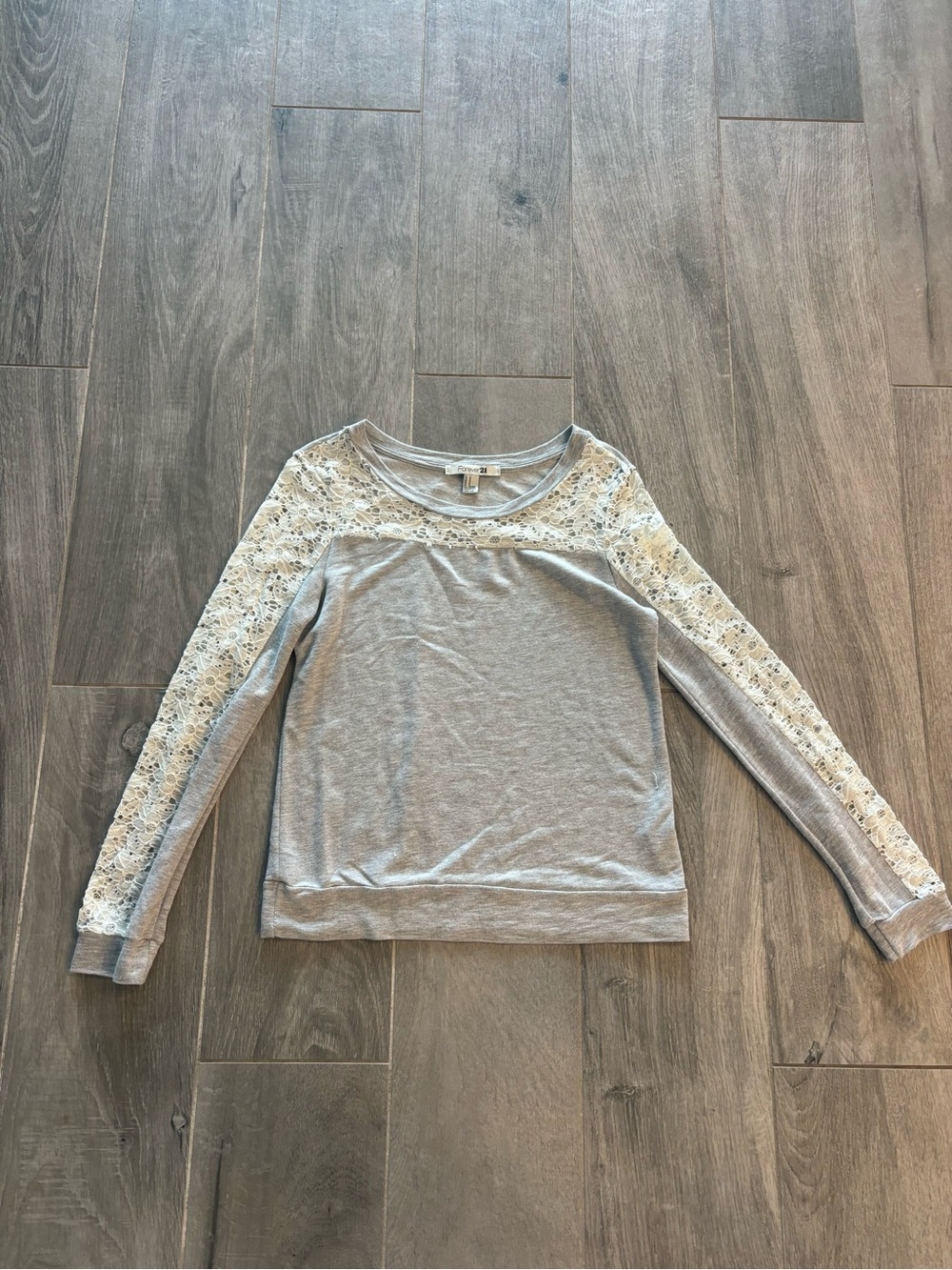 Forever 21 Gray Top with Ivory Lace Yoke